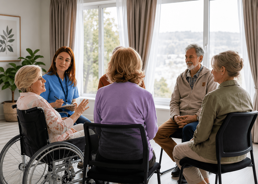 A group of older adults in a circle having conversations about aging.