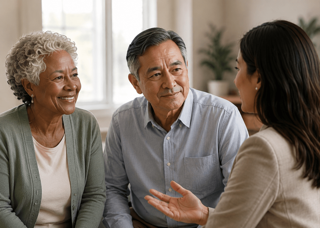 Older adult couple discussing future plans and aging-related decisions.