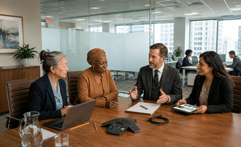 A group of professionals sitting around a conference table partnering to navigate the complexities of aging.
