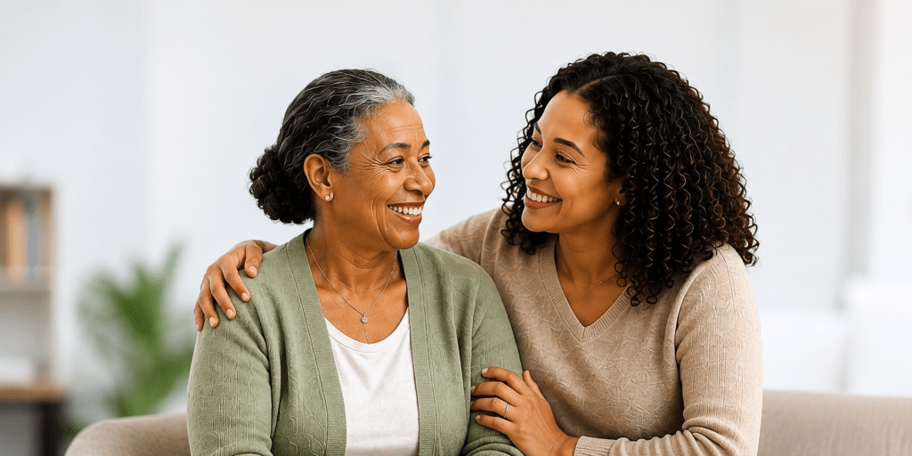 Older woman and her adult daughter smiling and embracing.