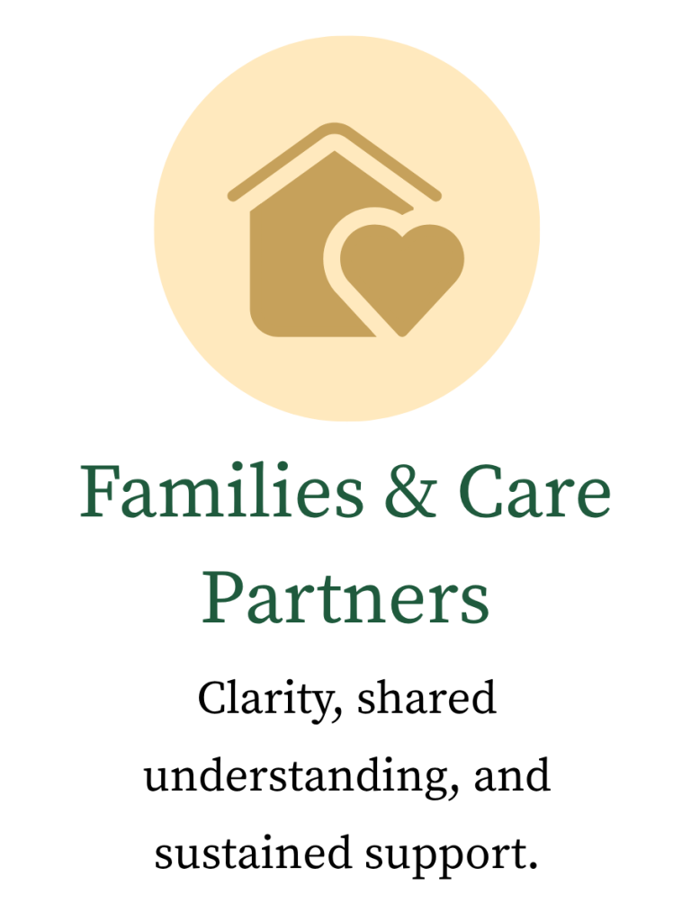 Symbol representing support for families and care partners at top with verbiage underneath, "Families & Care Partners" as heading, and "Clarity, shared understanding, and sustained support."